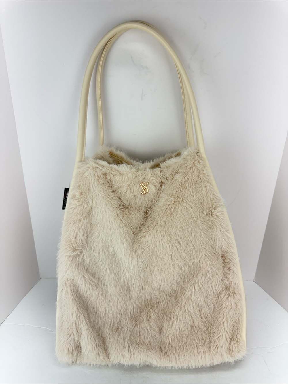 Victoria’s Secret Cream Ivory Faux Fur Gold VS Logo Tote Bag NWT